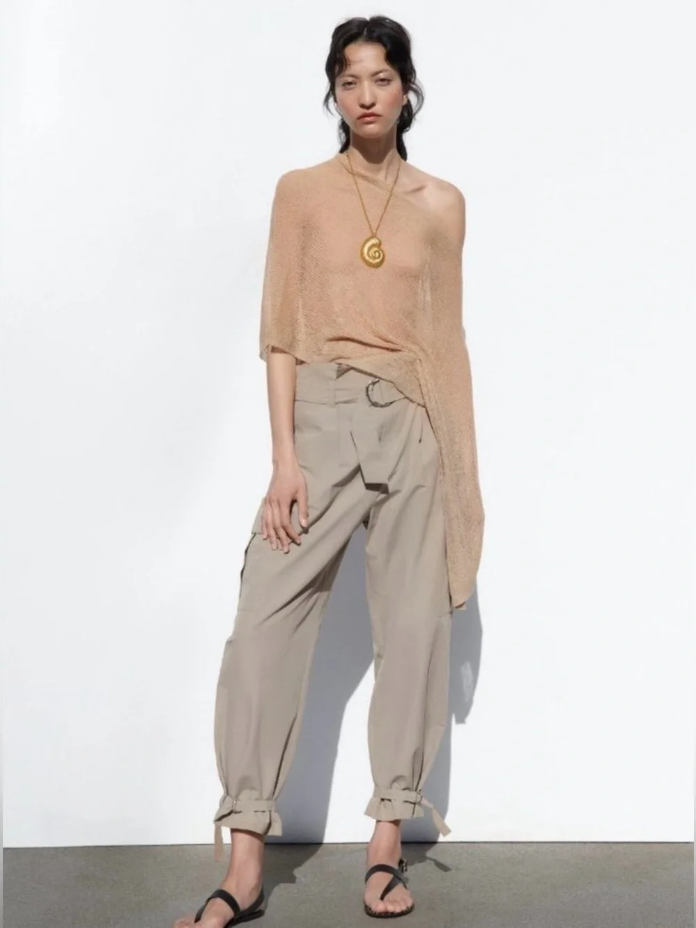 ZARA New With Tag M High Rise Paper Bag Straight Leg Camel Cargo Pants Medium - Picture 4 of 15